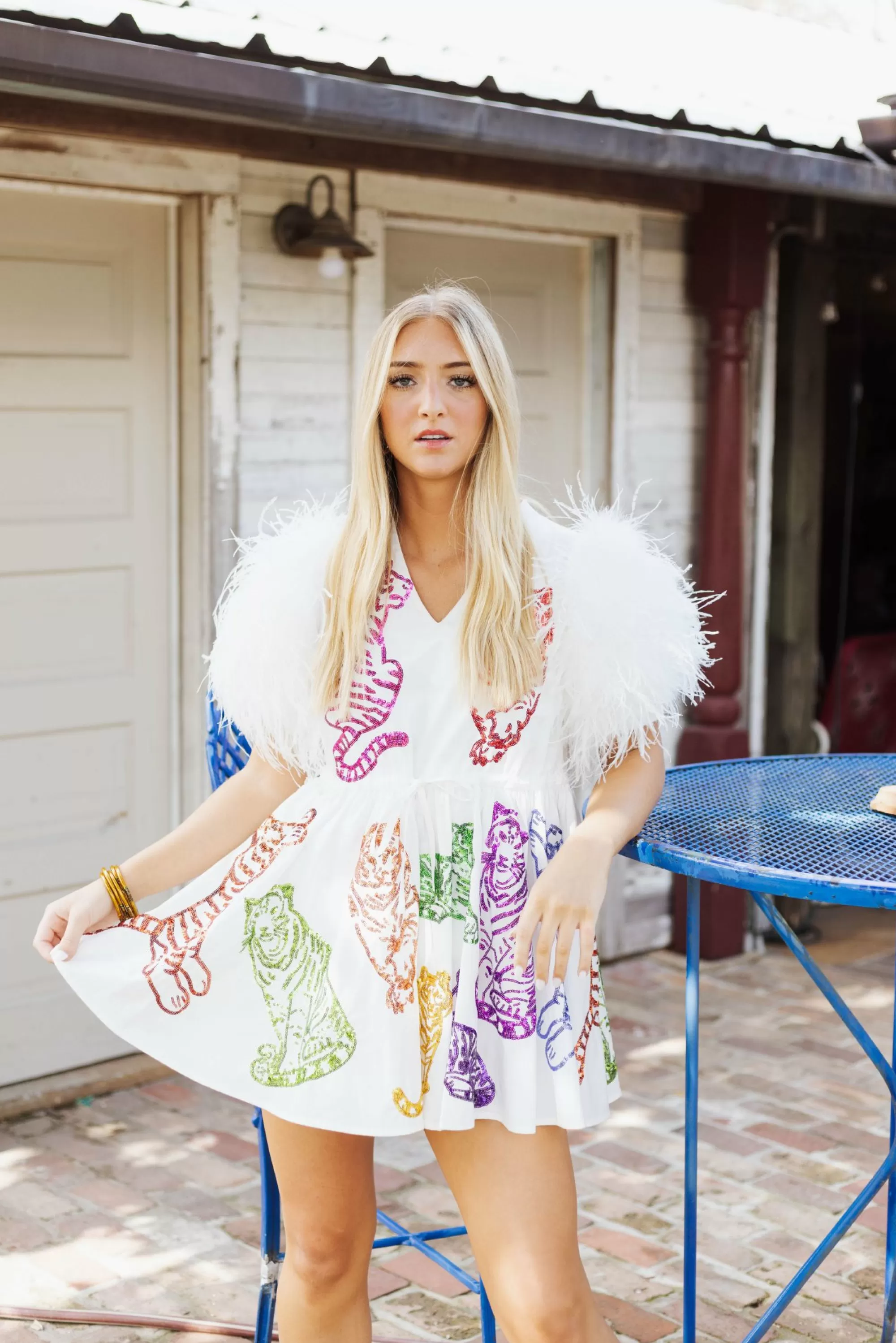 Queen Of Sparkles Rainbow Tigers Feather Sleeve Dress