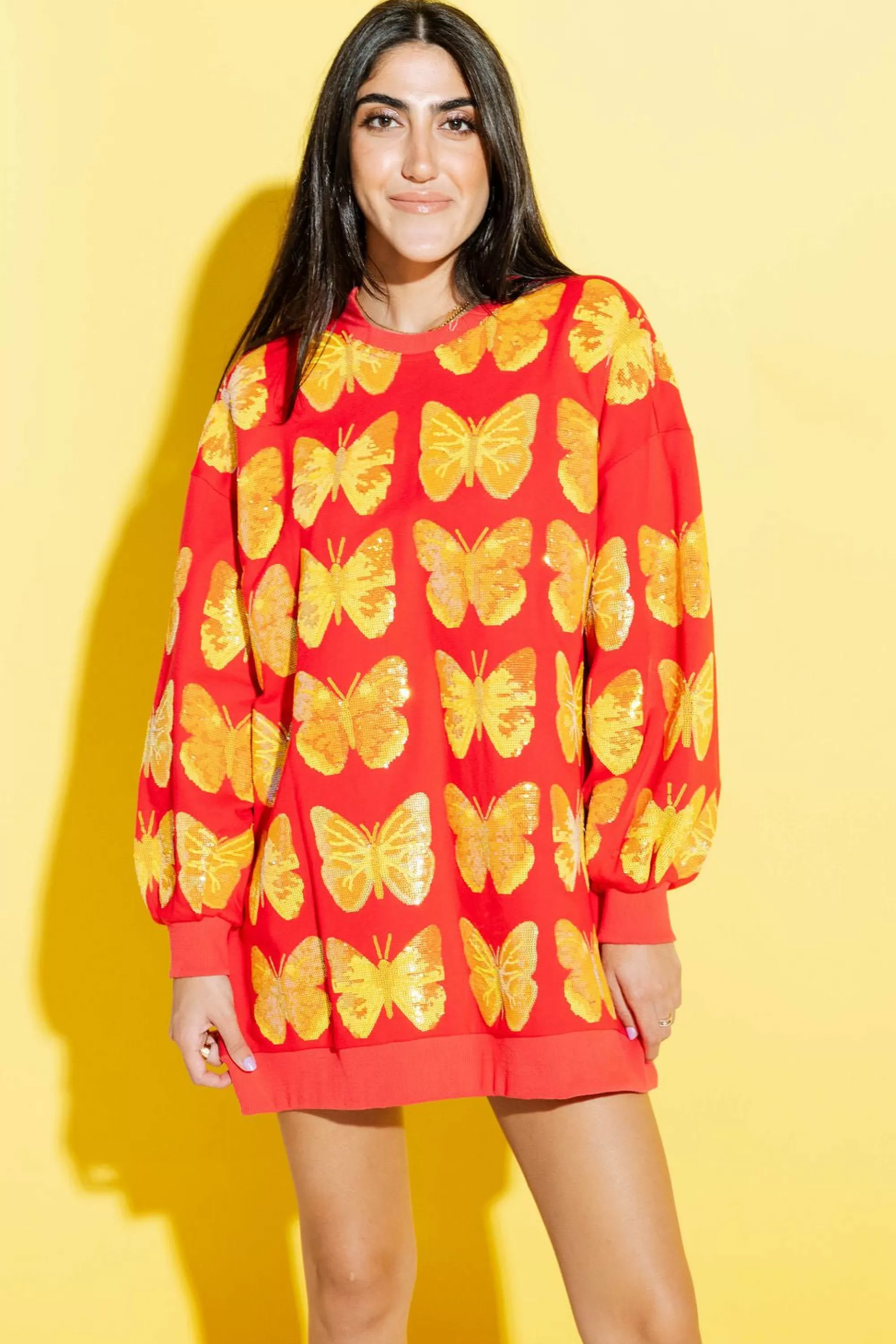 Queen Of Sparkles Red & Yellow Butterfly Sweatshirt Dress