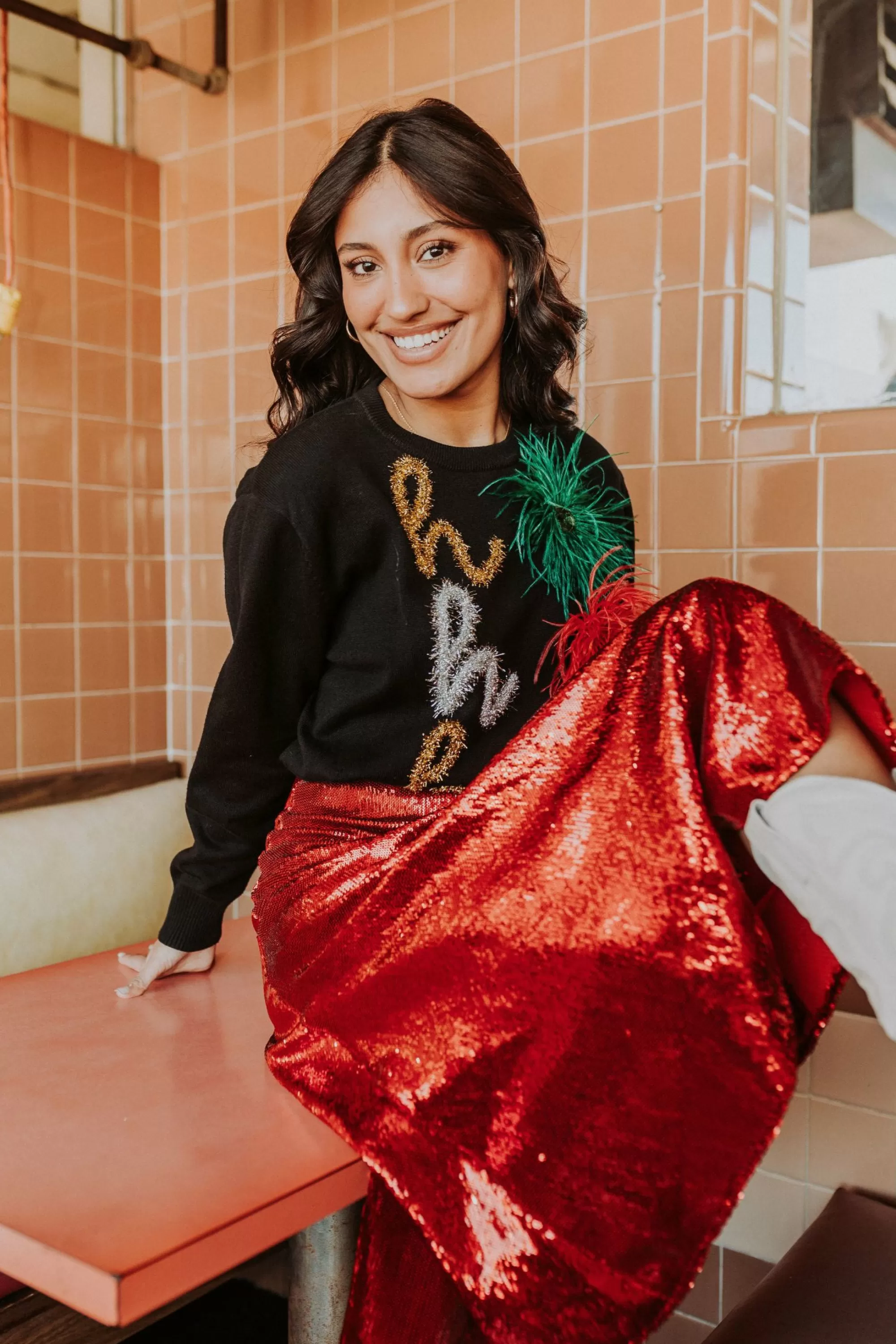 Queen Of Sparkles Red Sequin Midi Skirt