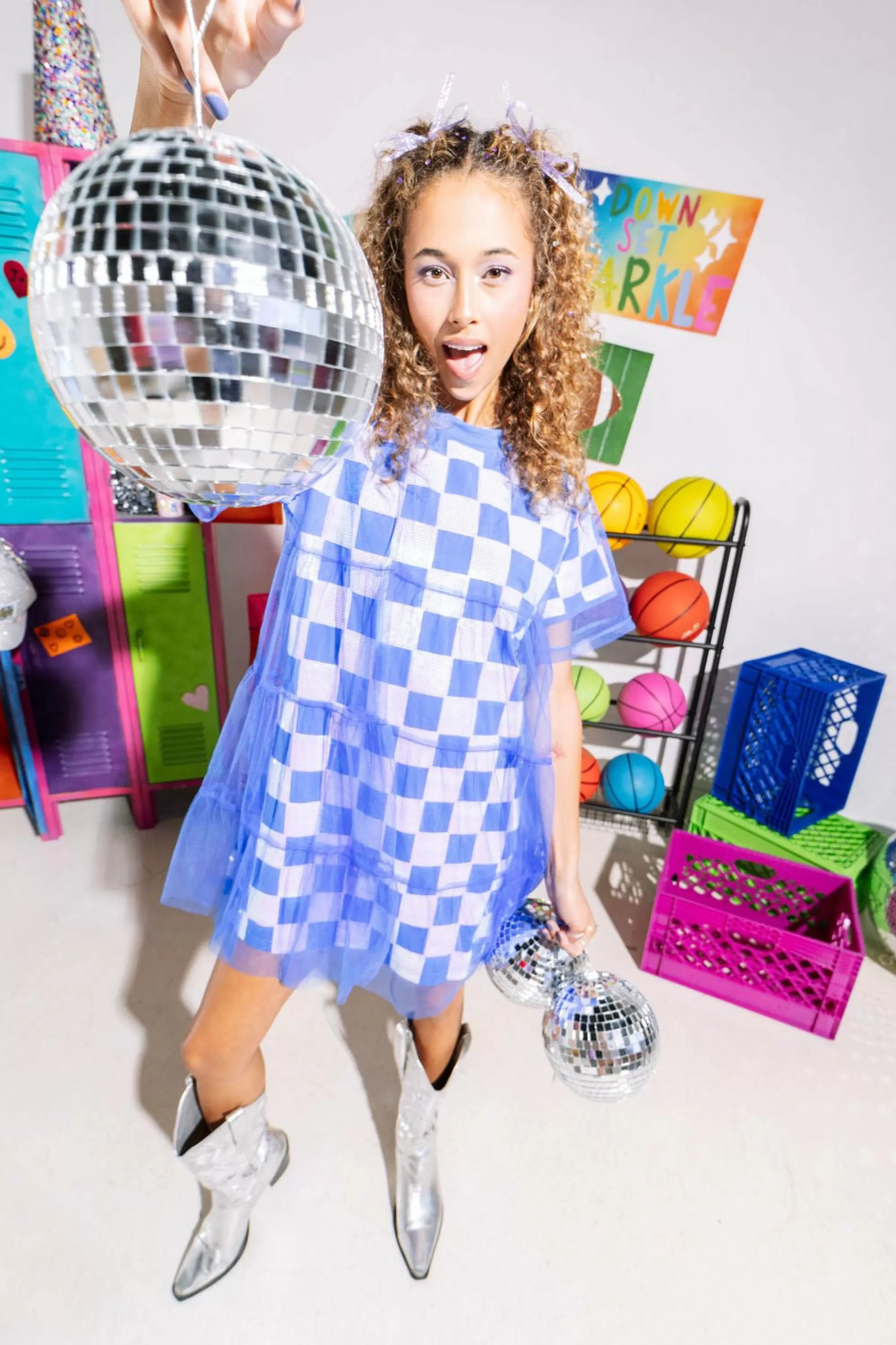 Queen Of Sparkles Royal & White Checkered Mesh Overlay Tee Dress