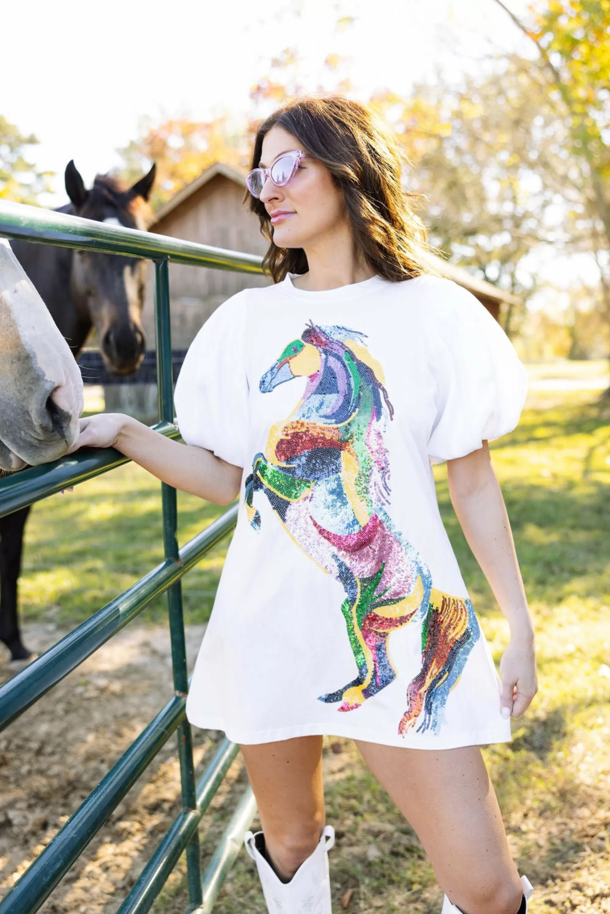 Queen Of Sparkles Sequin Poof Sleeve Rainbow Horse Dress