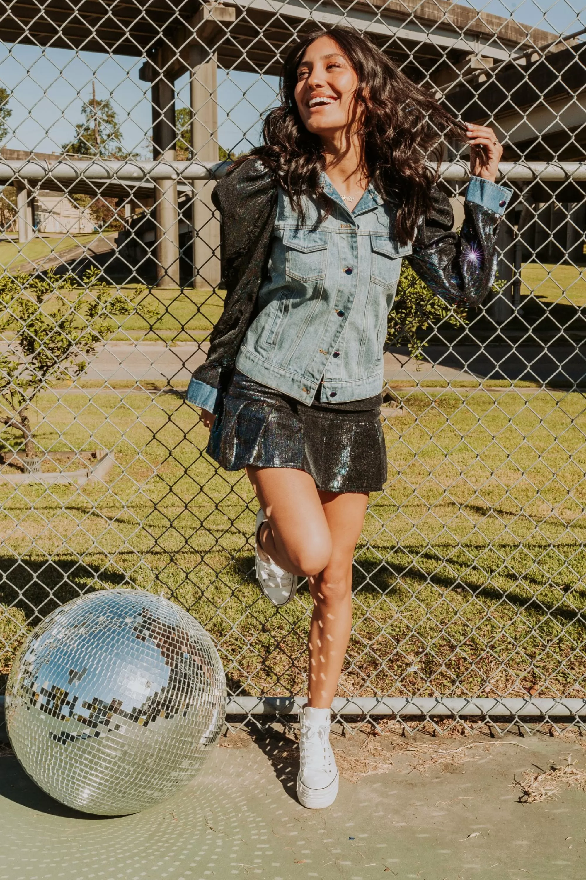 Queen Of Sparkles Sequin Puff Sleeve Denim Jacket