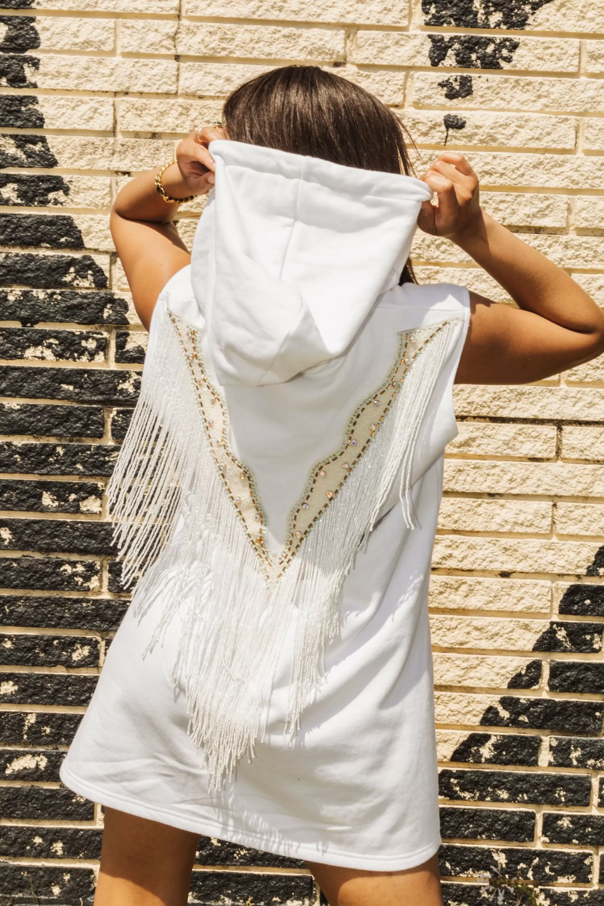 Queen Of Sparkles White Bead Fringe Hoody Dress