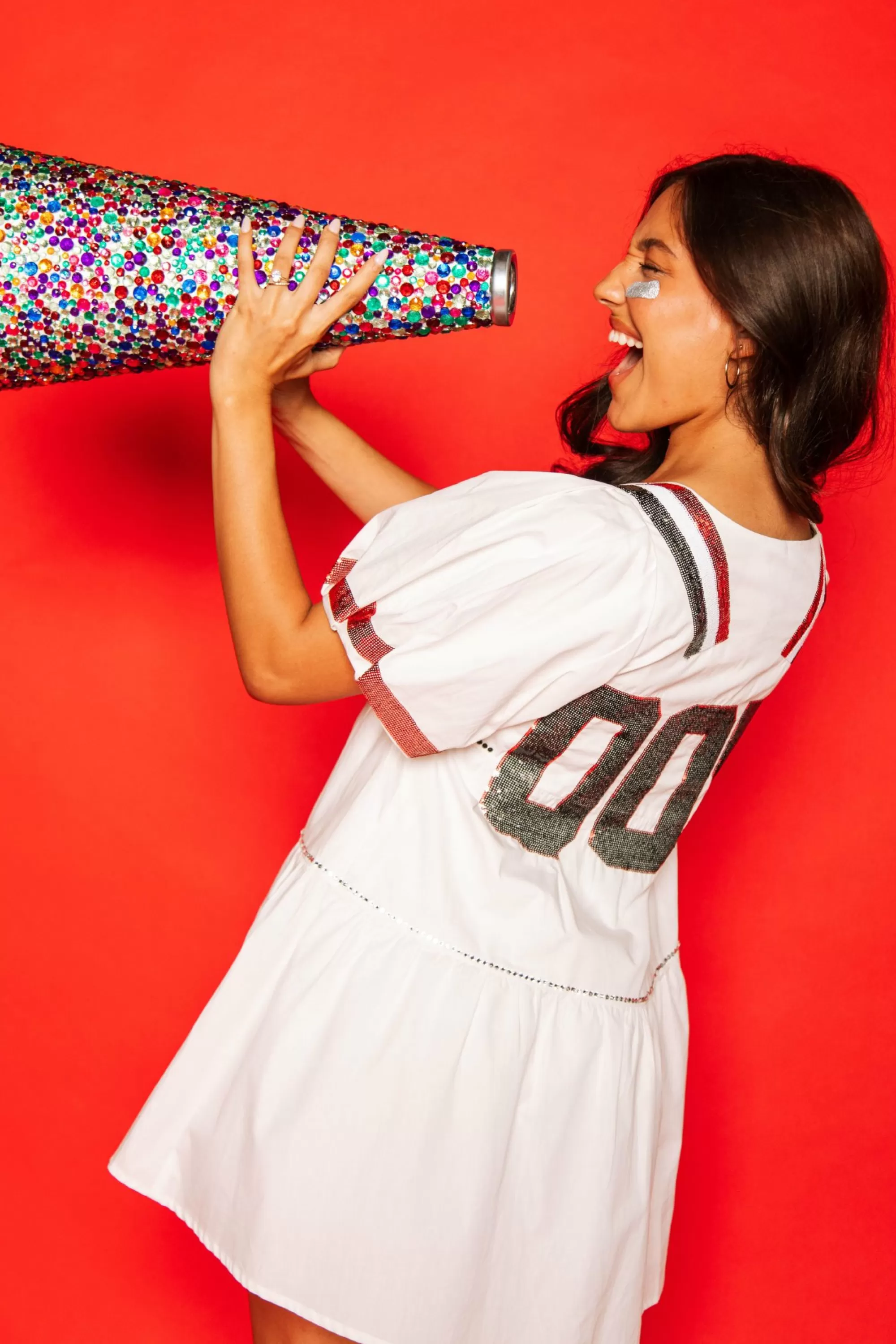 Queen Of Sparkles White, Black/Red Poof Sleeve Qos Jersey Dress