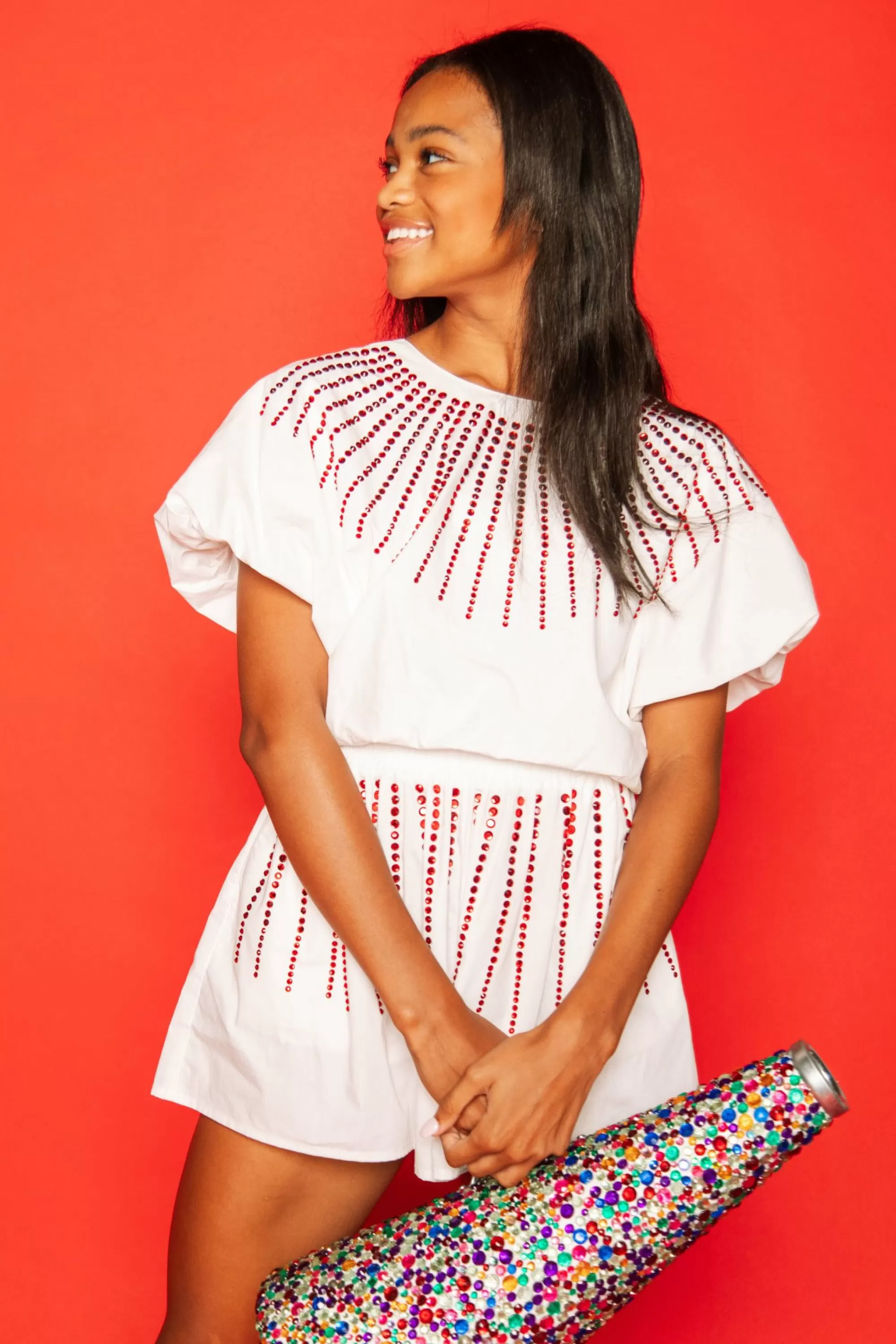 Queen Of Sparkles White Cotton Bubble Top With Red Burst