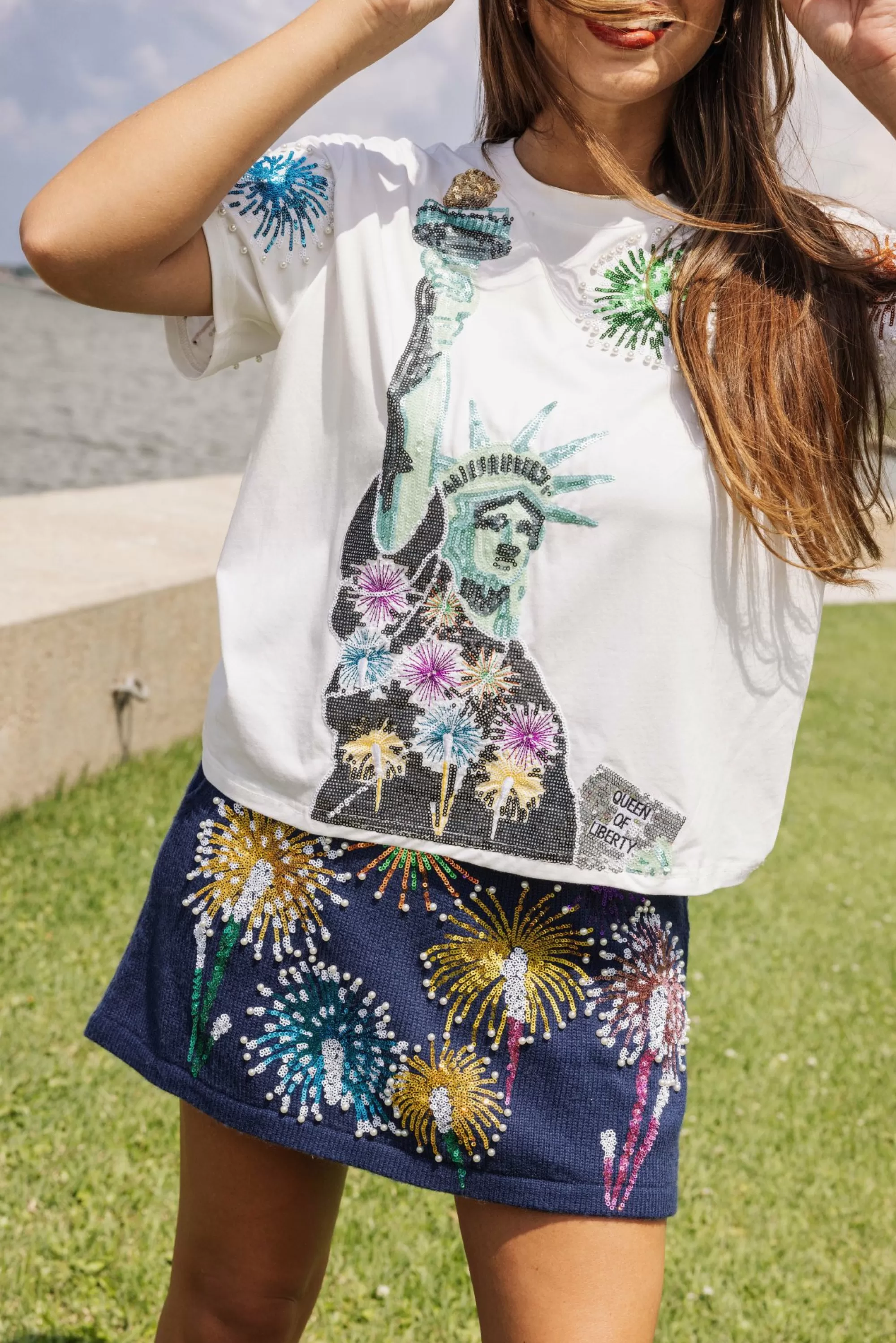 Queen Of Sparkles White Firework Lady Liberty Tee