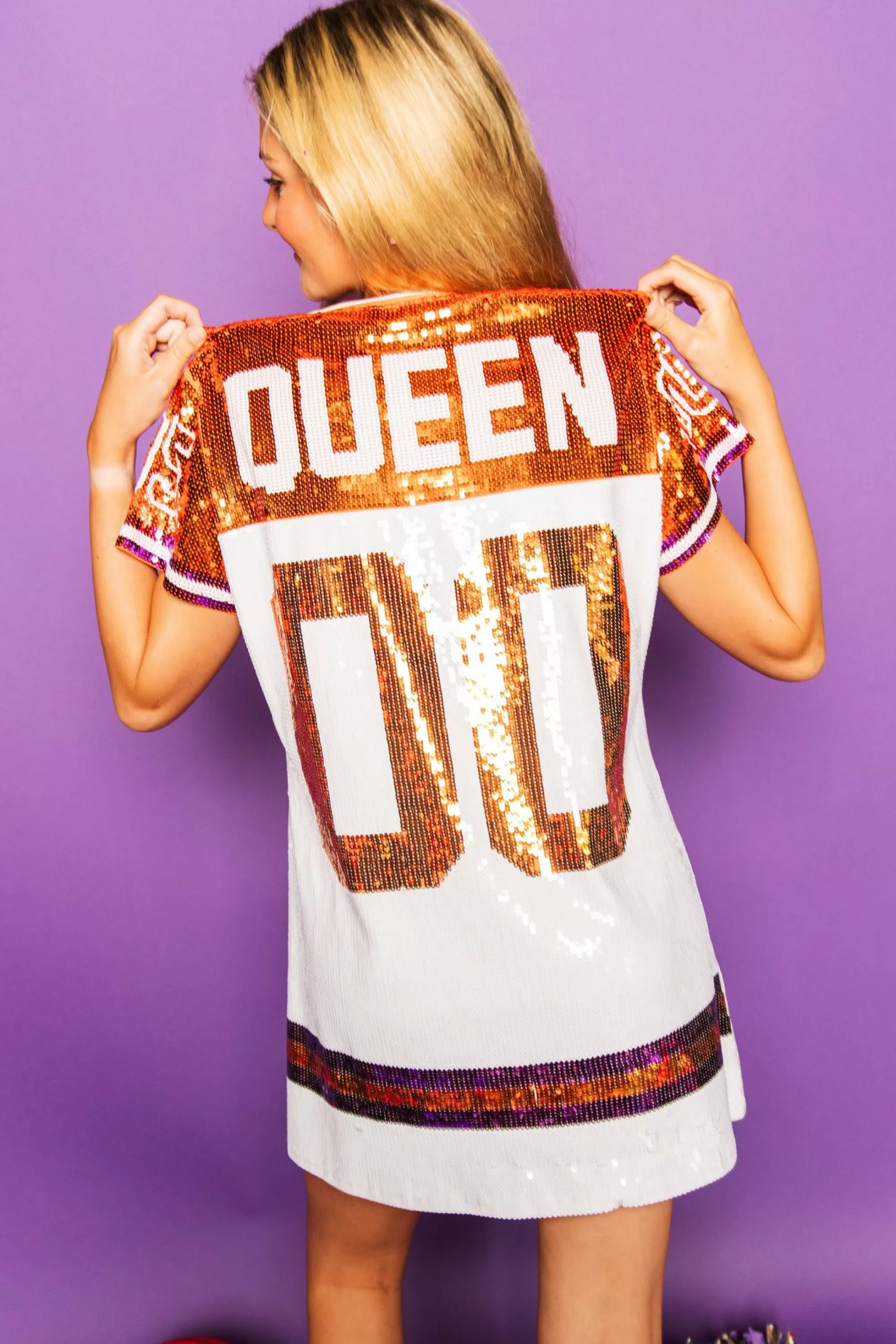 Queen Of Sparkles White, Orange/Purple Full Sequin Jersey Dress