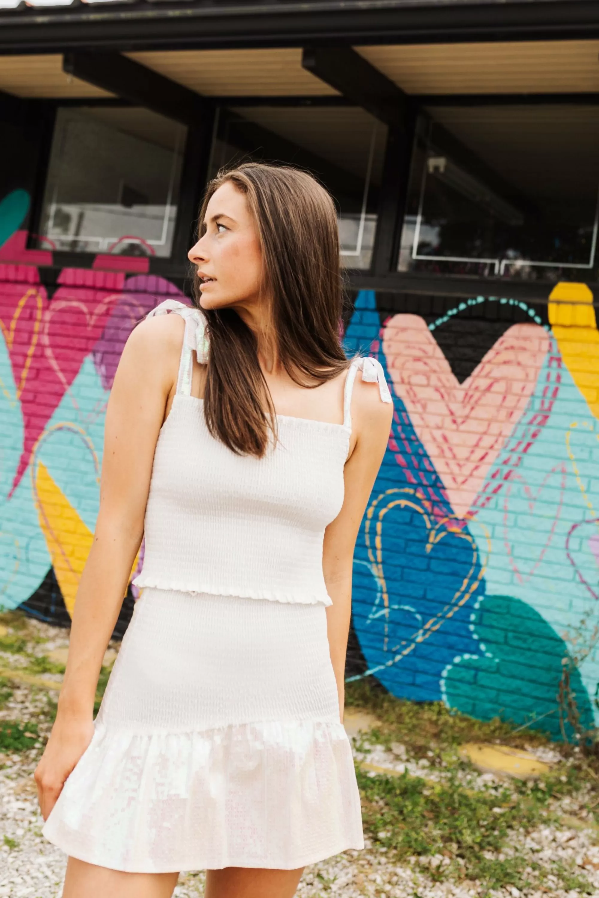 Queen Of Sparkles White Smocked Sequin Tie Tank