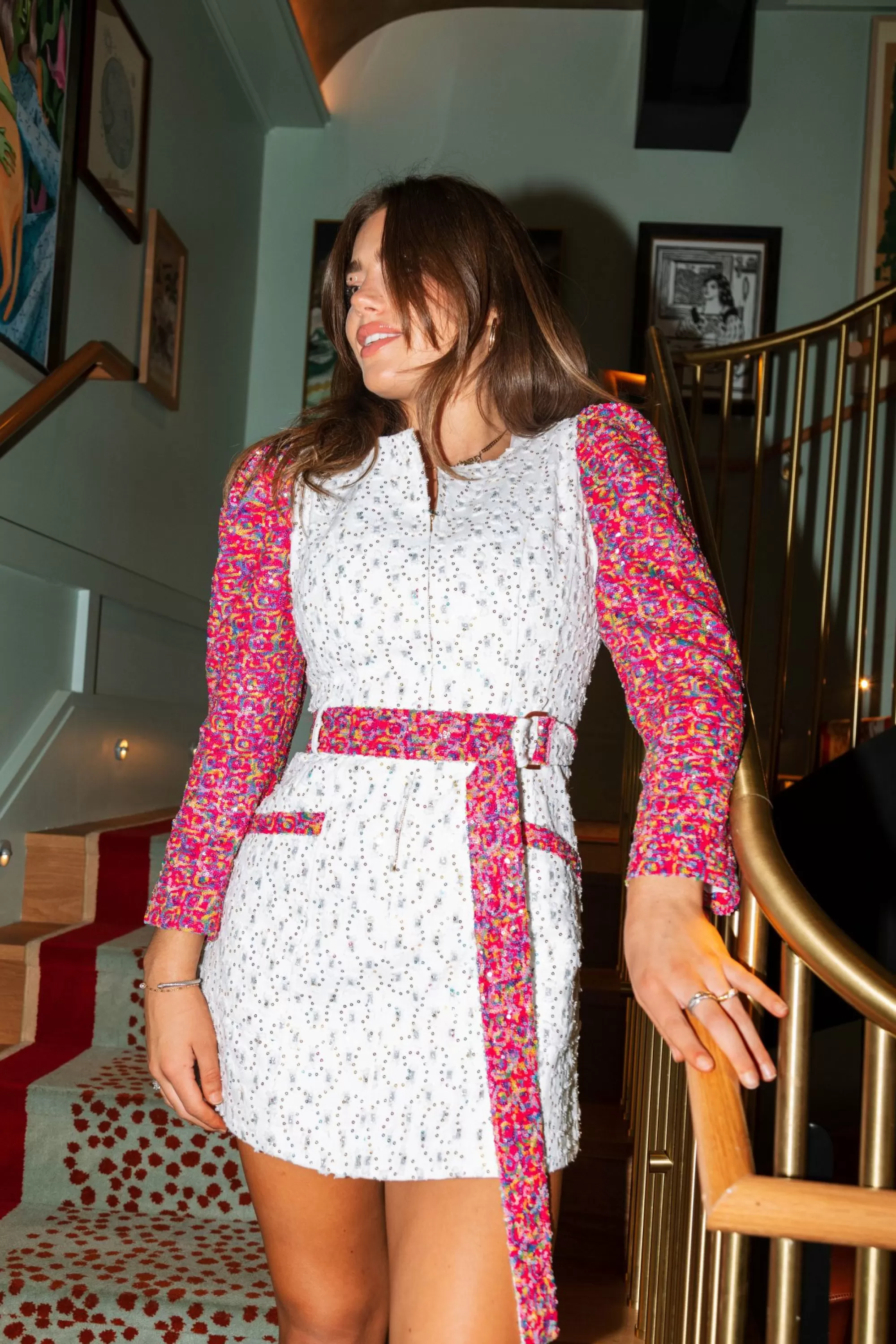 Queen Of Sparkles White With Rainbow Sequin Sleeves Dress