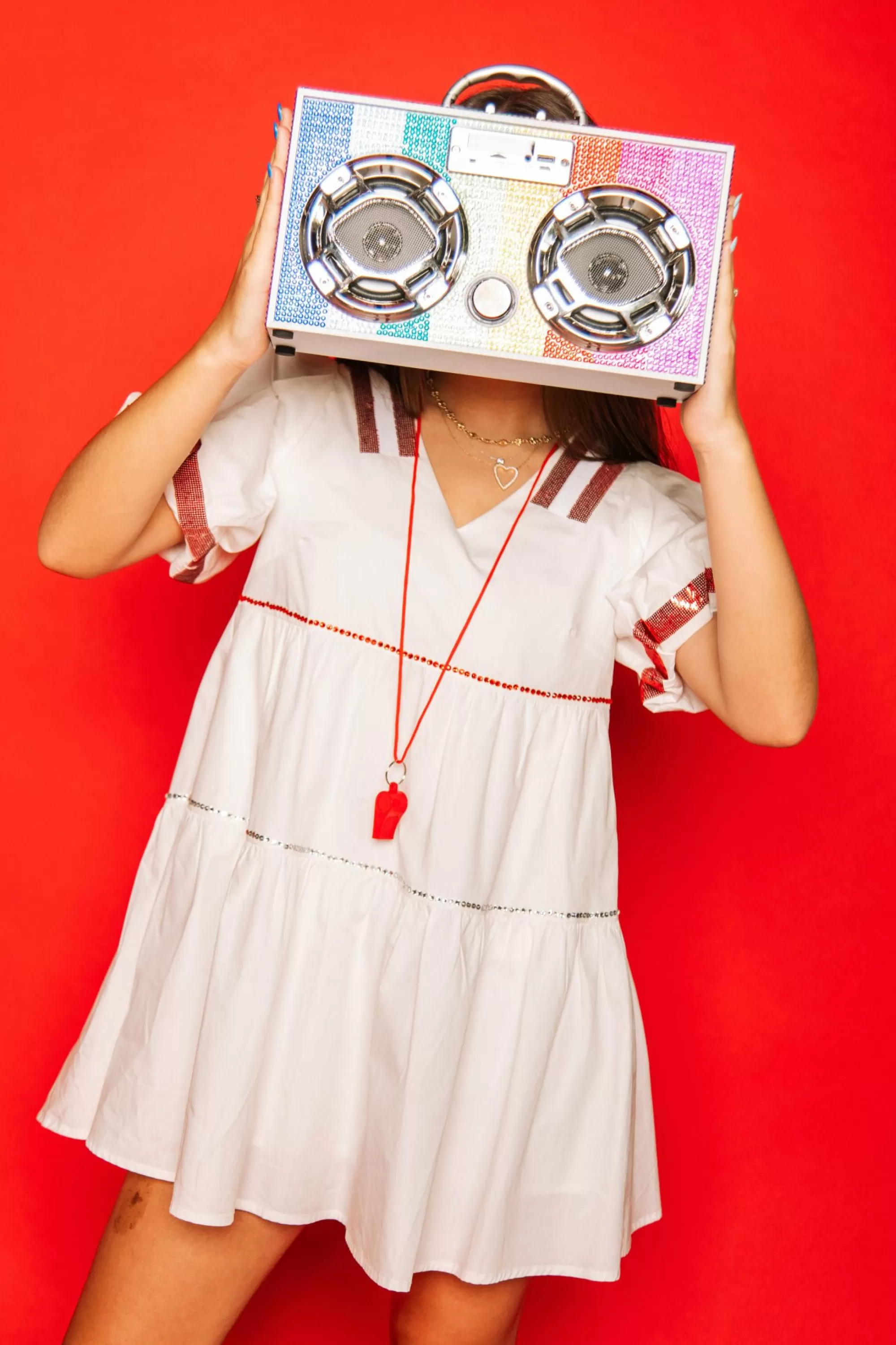 Queen Of Sparkles White/Bright Red Poof Sleeve Qos Jersey Dress