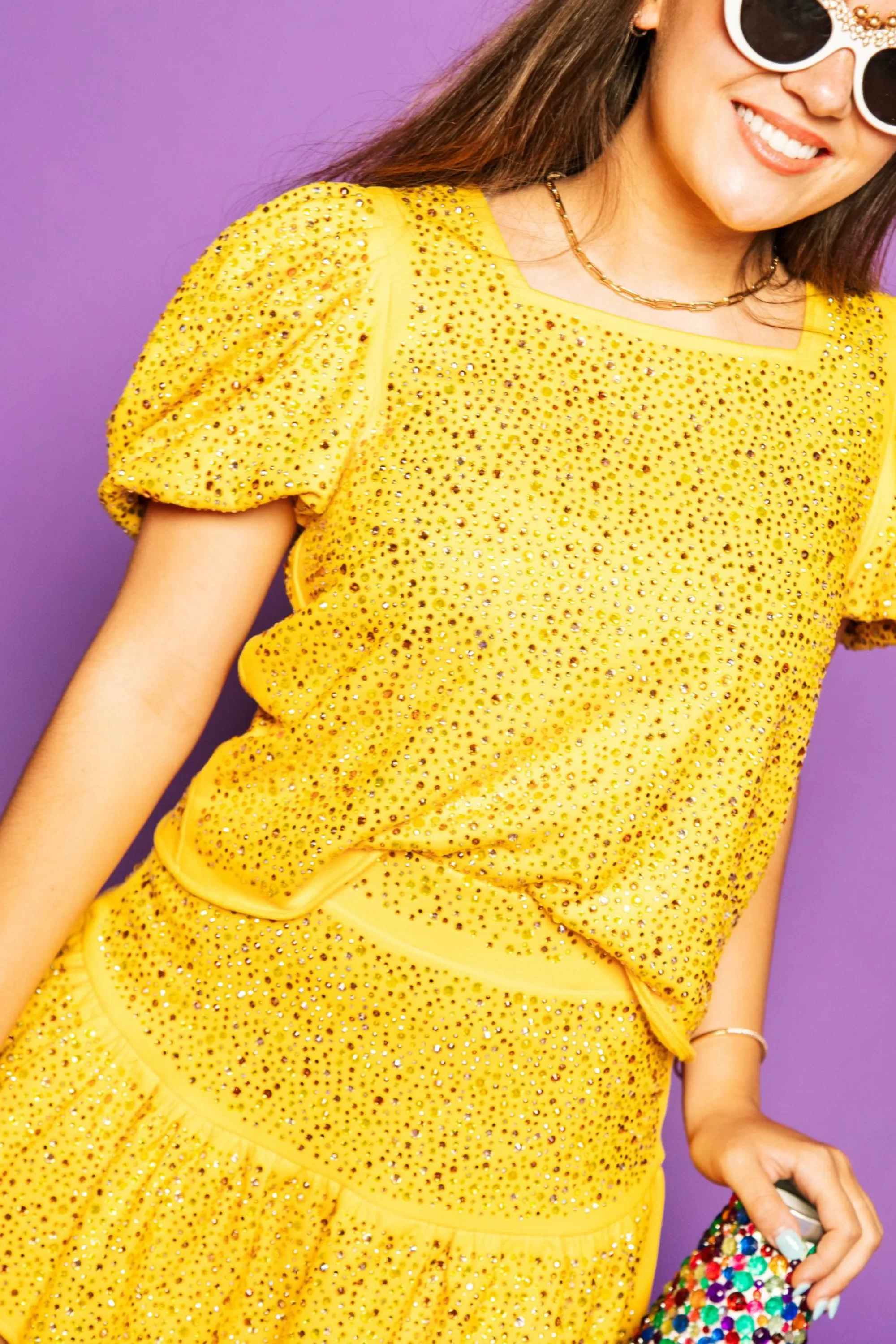 Queen Of Sparkles Yellow Rhinestone Poof Sleeve Top